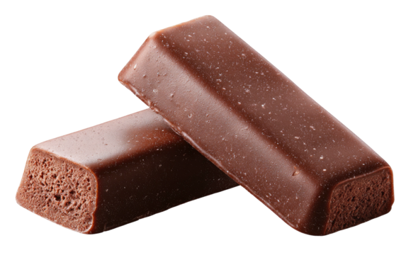 Two chocolate candy bars lie on a black background, showing rich textures