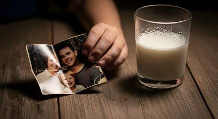 Child's hand holding a torn family photo next to a glass of milk on a wooden table surface view