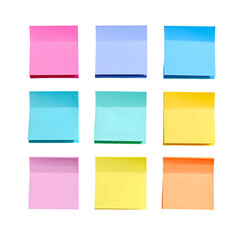 Fototapeta premium Nine brightly colored square adhesive notes arranged in a 3x3 grid on a black background