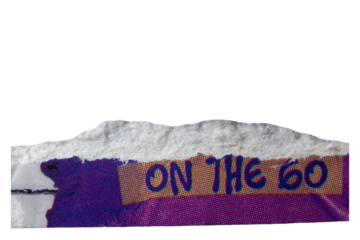 Torn paper with printed text “ON THE GO” in bold blue letters on a purple and orange background, isolated. creative collage element for design or typography art concept.