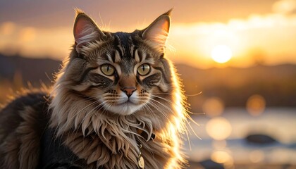 A fluffy, long-haired feline gazes serenely at a vibrant sunset. Golden hour light bathes the scene, creating a warm, blurred background