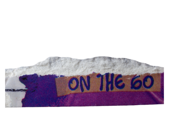 Torn paper with printed text “ON THE GO” in bold blue letters on a purple and orange background, isolated. creative collage element for design or typography art concept.