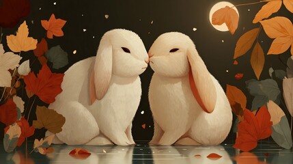 Cute White Bunnies with Long Ears Sitting on Reflective Surface in Autumn Scene