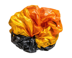 A top-down view of crumpled plastic bags in vibrant yellow, orange, and black hues