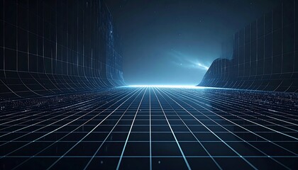 A futuristic digital landscape featuring a grid floor, high walls, and a distant light. The scene suggests an ethereal or virtual world