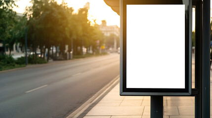 Urban public space with a blank white billboard. City street view in the background, creating a sense of place and utility. Space for your message.