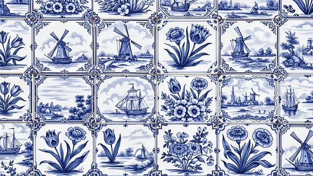 Blue White Tile Background with Windmills and Ships Decorative Design