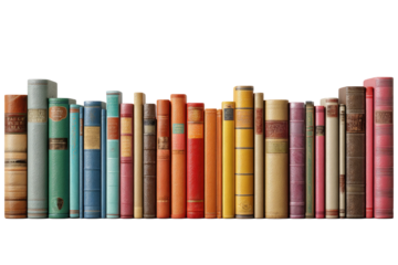 Assortment of upright books against a black backdrop, varying in sizes and colors