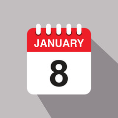8 january calendar date icon. vector illustration with shadow design.