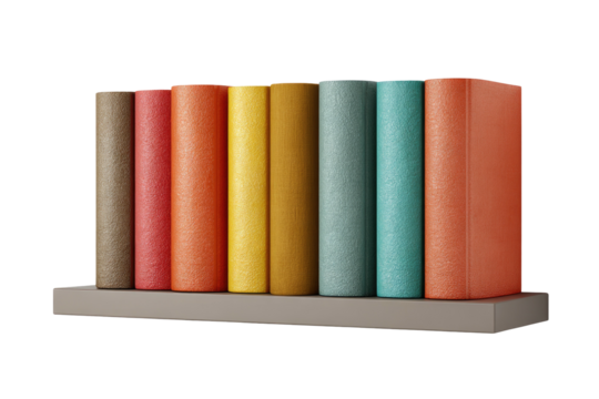 Rendered illustration of multiple hardcover books of varying colors on a neutral shelf