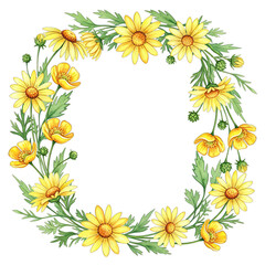 Obraz premium A vibrant wreath composed of watercolor yellow daisies blooms, each petal meticulously painted, showcasing nature's delicate beauty in a captivating floral design. 