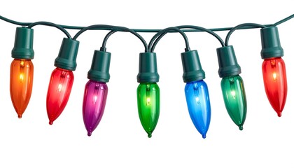 A close-up view of a strand of decorative lights in varied colors, each encased in a green base, suspended against a plain white backdrop