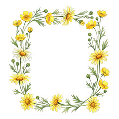 Fototapeta premium A vibrant floral border of yellow and white flowers elegantly encircles a blank canvas, offering a fresh, natural backdrop. The exquisite design provides ample space for custom text or imagery.