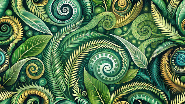 Maori Koru Spiral Pattern, New Zealand fern frond swirls in emerald green and teal, Polynesian botanical seamless background for textile, wallpaper, fabric prints, wrapping paper and home decor