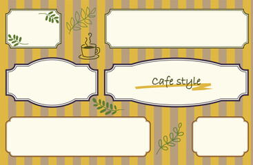 カフェ風の額縁風フレームと手描きリーフとコーヒーのイラストセット