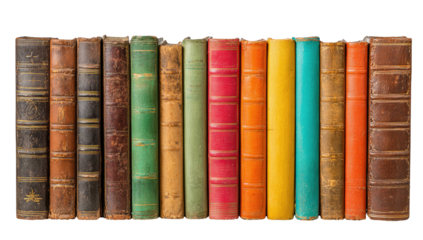 A row of aged books of varying colors and spines, standing upright on a shelf