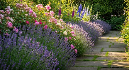 Beautiful Garden Path Lined with Lavender and Roses