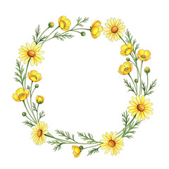 Obraz premium A captivating floral wreath, artfully arranged with vibrant yellow blossoms and verdant foliage, emanates elegance and natural beauty.