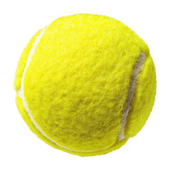 Isolated close-up of a bright yellow, fuzzy tennis ball, against a dark background