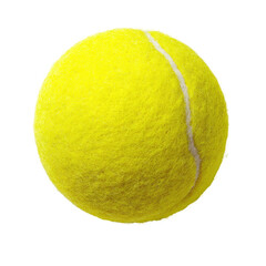 A bright yellow tennis ball with a white seam, set against a transparent, black background