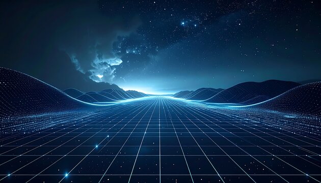 A futuristic digital landscape with rolling blue hills and a grid-like surface leading to a starry sky. Cloud formations and subtle lighting enhance depth