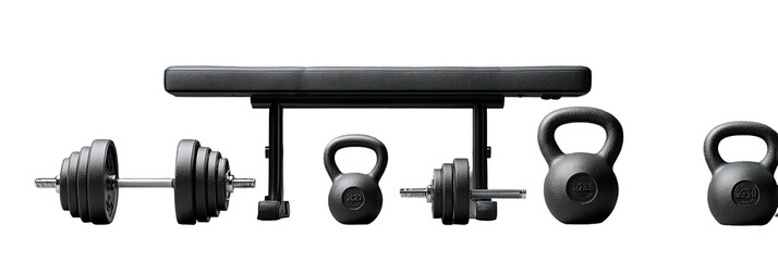 A collection of gym equipment featuring a weight bench, dumbbells, and kettlebells against a black backdrop