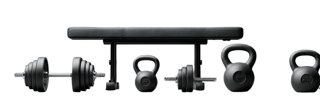 A collection of gym equipment featuring a weight bench, dumbbells, and kettlebells against a black backdrop