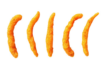 Five orange, puffed, curly snack pieces isolated on a solid black background
