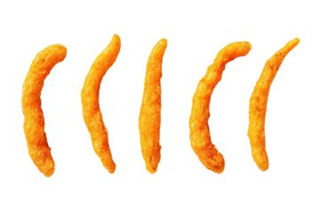Five orange, puffed, curly snack pieces isolated on a solid black background