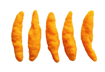 Five fluffed, bright orange, ridged snack food items, isolated on a black background