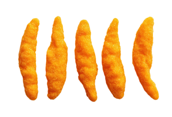 Five fluffed, bright orange, ridged snack food items, isolated on a black background