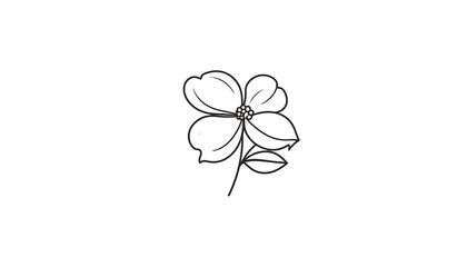 A delicate black and white illustration of a dogwood blossom, showcasing its four petals and central stamen. A single stem supports the elegant design