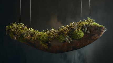 Fototapeta premium Ultra Realistic Photo of Large Suspended Eco Sculpture Made of Recycled Metal and Moss