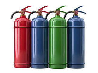 Vibrant row of fire extinguishers, each in a distinct primary color with contrasting handle levers