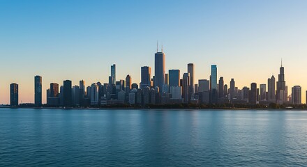 Naklejka premium Panoramic view of a modern city skyline at sunset, with tall skyscrapers reflecting the warm golden light over a calm body of water