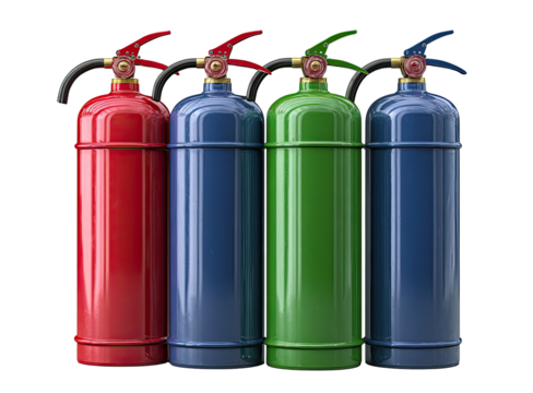 Vibrant row of fire extinguishers, each in a distinct primary color with contrasting handle levers - Powered by Adobe
