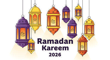 Ramadan Kareem 2026 greeting with traditional Islamic lanterns and crescent moon stars