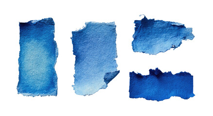 Four irregular, indigo watercolor shapes on a stark, black background. Torn edges