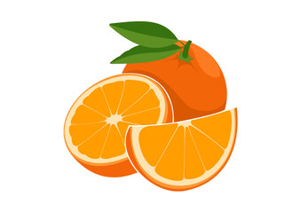 Fresh Oranges with Leaves, Whole, Half, and Sliced

