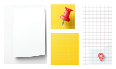 A white paper, yellow sticky notes with a red push pin and grid paper with a location marker