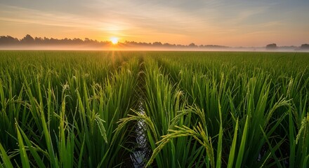 Golden Sunrise Over Lush Green Rice Fields A Serene Agricultural Landscape