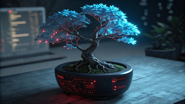 A glowing bonsai tree with blue leaves and a circuit board pot sitting on a table near a laptop