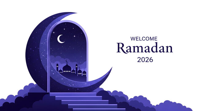 Welcome Ramadan 2026-Islamic greeting with crescent moon mosque and starry night sky
