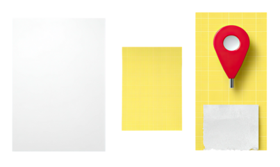 Three layered compositions a blank white sheet, a yellow note, and a yellow board with a marker