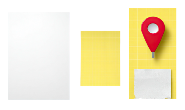 Three layered compositions a blank white sheet, a yellow note, and a yellow board with a marker