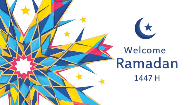 Welcome Ramadan 1447 H greeting banner with vibrant geometric Islamic pattern and crescent moon star