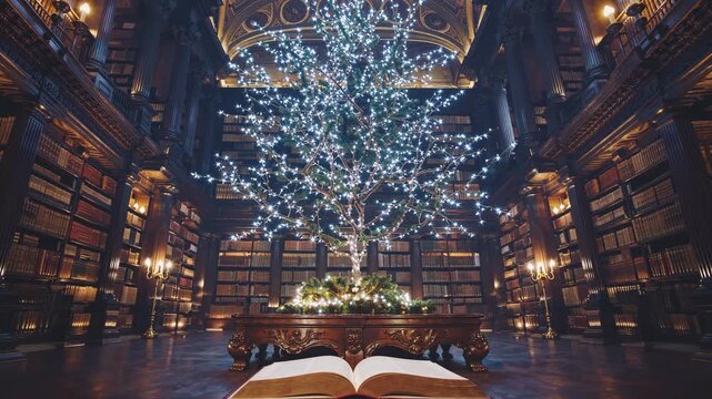 A magical library scene with a glowing tree centerpiece. Shot from a low angle, creating a cinematic video feel, surrounded by towering bookshelves.