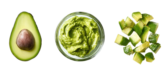 A split avocado, mashed avocado in a small bowl, and diced pieces of green avocado, isolated on black