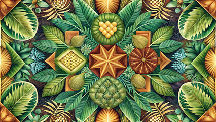 Hawaiian Quilt Motif Tropical Leaf Applique Pattern – Polynesian Botanical Mandala with Pineapple and Breadfruit, Seamless Island Textile Background Wallpaper