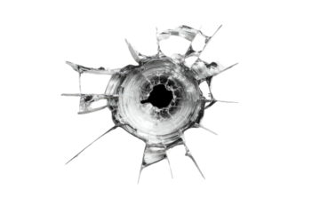 Close-up grayscale image of a shattered glass surface with radiating cracks and a central hole